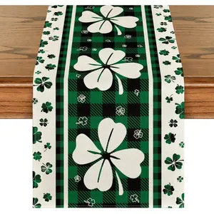Green Clover Buffalo Plaid Shamrocks St.Patrick's Day Table Runner, Seasonal Kitchen Dining Table Decoration for Indoor Home Party 13x72 Inch