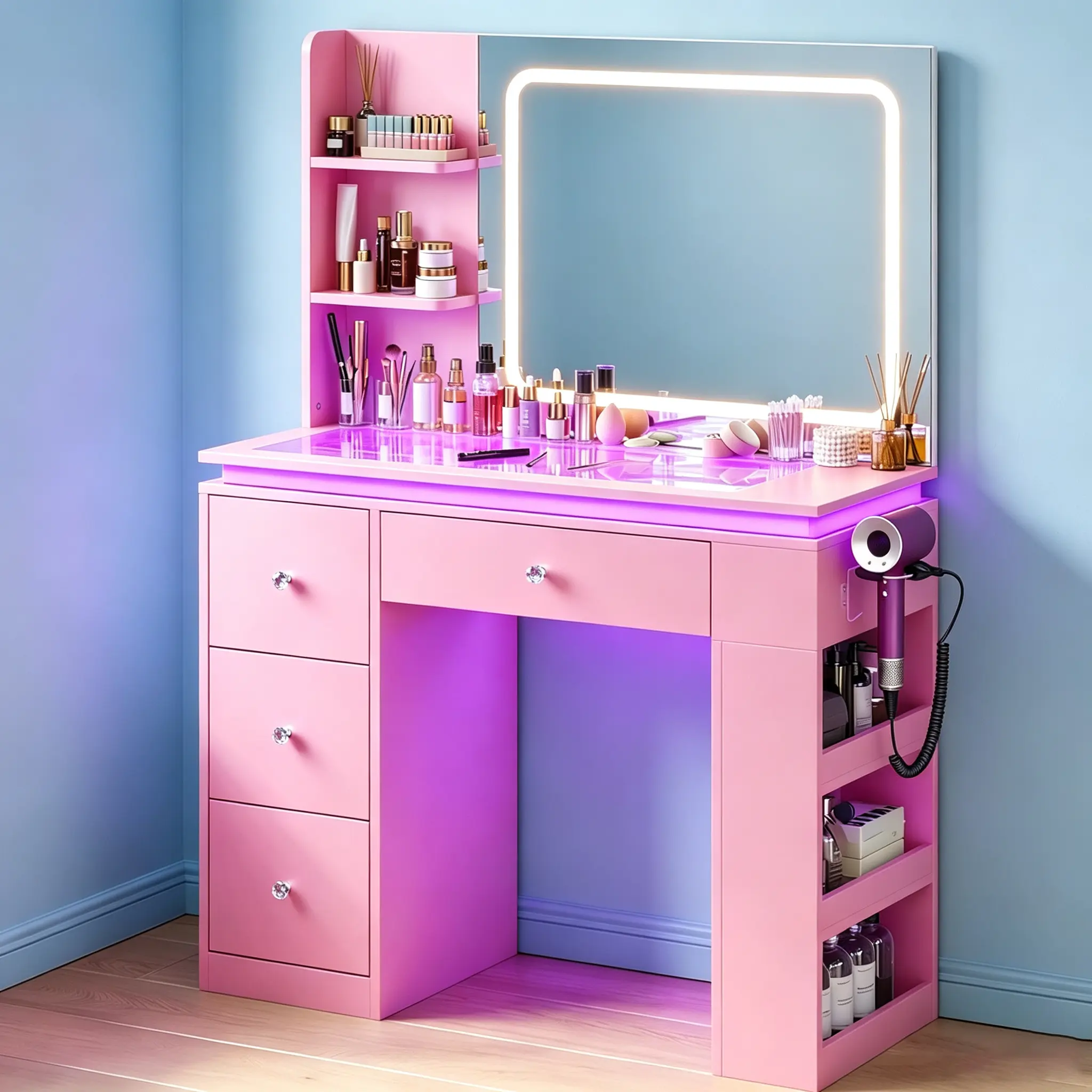 CollaredEagle Lighted Vanity Desk - White Freestanding Makeup Vanity with Adjustable LED Lights, Storage Drawer, Plug Sockets Charging Station for Bedroom, Bathroom,dorm essentials,home decor