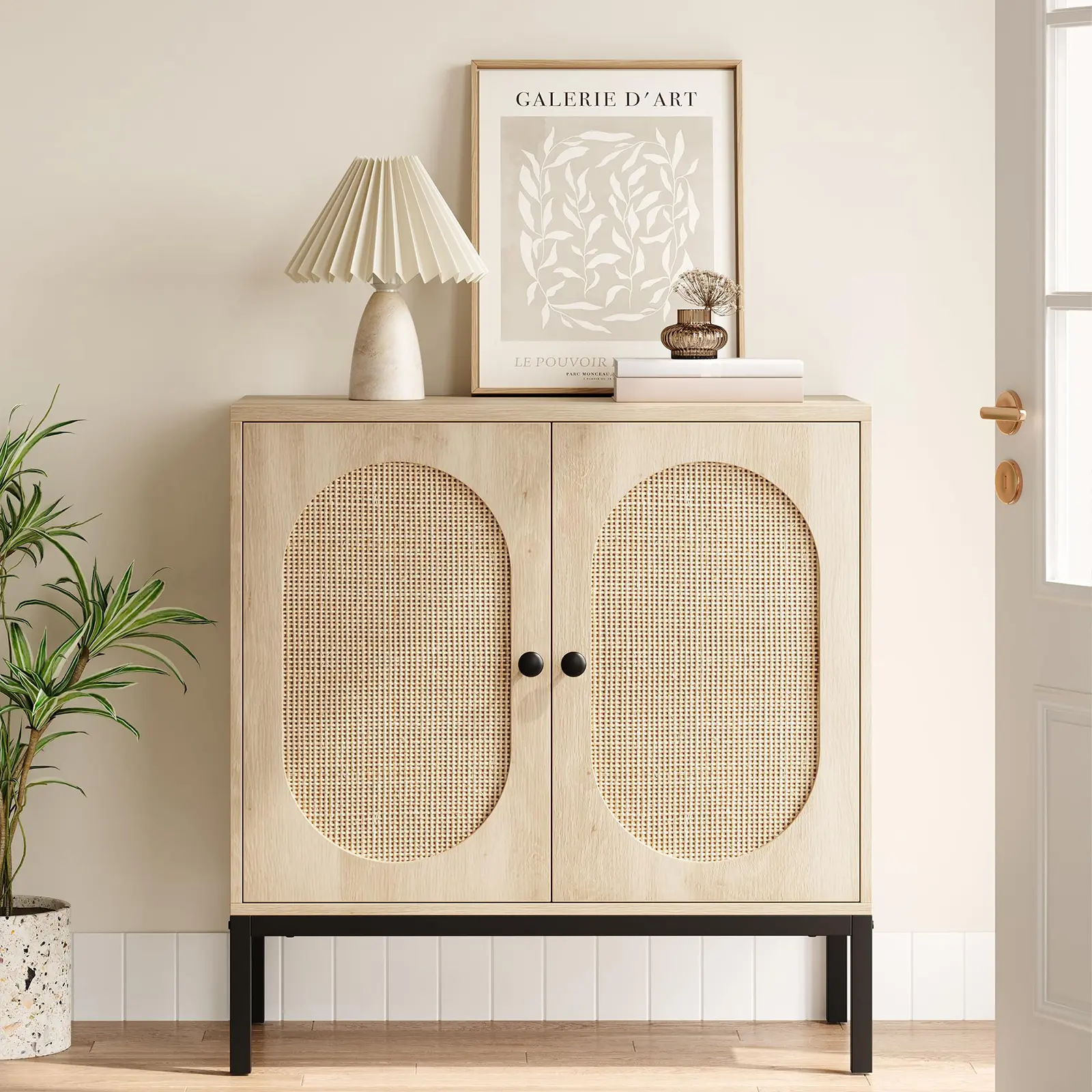 Rattan Storage Sideboard, Kitchen Cabinet with 2 Doors, Modern Style Storage Unit, 80 x 40 x 83 cm, Furniture for Living Room, Kitchen, Office, island desk