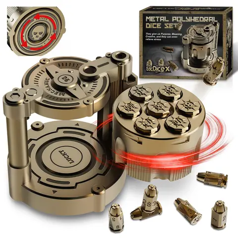Golden Silver Alloy Metal Polyhedral Dice Set Toy of 7 with Spinning, Wheel Cylinder Container Metal Dice Set for impact,Cyberpunk Style Dice,Sci-Fi,Adventure,or Mystery Theme Tabletop Games For Aged 12 and Above,Fidget Toy