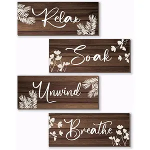4 count Brown Bathroom Decor Farmhouse Bathroom Accessories Rustic Relax Soak Unwind Breathe Wooden Signs with Vintage Country Bathroom Decor for Home Laundry Room (Brown, 10x4 Inch)