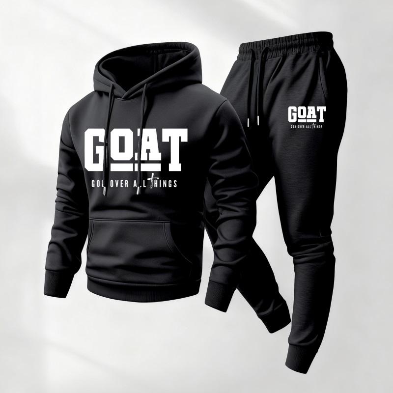 Men's G.O.A.T God Print Hoodie and Drawstring Sweatpants Set, Menswear, Casual Athletic Long Sleeve Hooded Jacket & Trousers for Fall & Winter, Men's Clothing for Daily Wear, Sportswear Indoor Outdoor, Tracksuit, Athleisure Summer Clothes