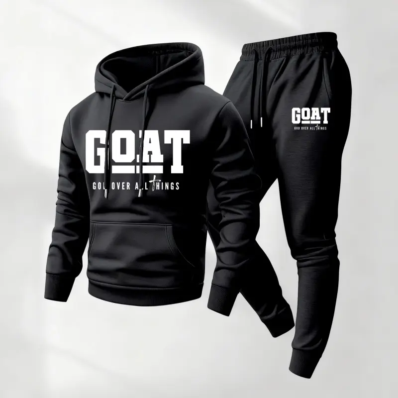 Men's G.O.A.T God Print Hoodie and Drawstring Sweatpants Set, Menswear, Casual Athletic Long Sleeve Hooded Jacket & Trousers for Fall & Winter, Men's Clothing for Daily Wear, Sportswear Indoor Outdoor, Tracksuit, Athleisure Summer Clothes