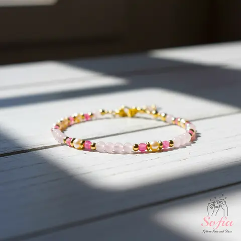 SofiaDesignsBoutique Handmade Dainty Rose Quartz & White Crystal Beaded Bracelet-Anklet, Unisex Minimalist Gemstone Jewelry, Elastic Cord, Adjustable 6-7.5in (includes 6.5 inches), Elegant Daily Wear for Adults, Bracelets, Gemstones