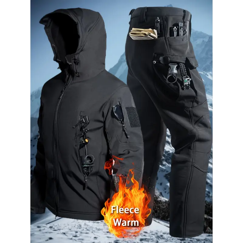 Two-Piece Set Men'S Outdoor Fleece-Lined Hooded Sharkskin Jacket and Multi-Pocket Cargo Pants, Warm Windproof Commuting Training Hiking Camping for Men