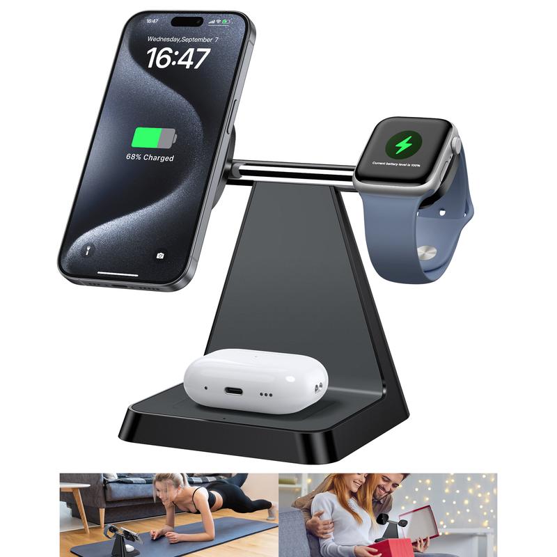 3-in-1 Charging Station Compatible with Magsafe Wireless Charger for iPhone 16/15/14/13/12 Series for AirPods iWatch Series Wireless Charger