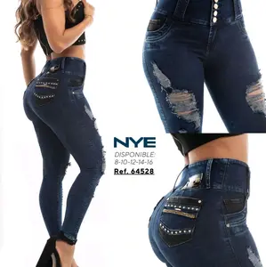 NYE Colombian Jeans Ref. 64528 - High-Waisted Distressed Denim with Rhinestone Pockets for Women