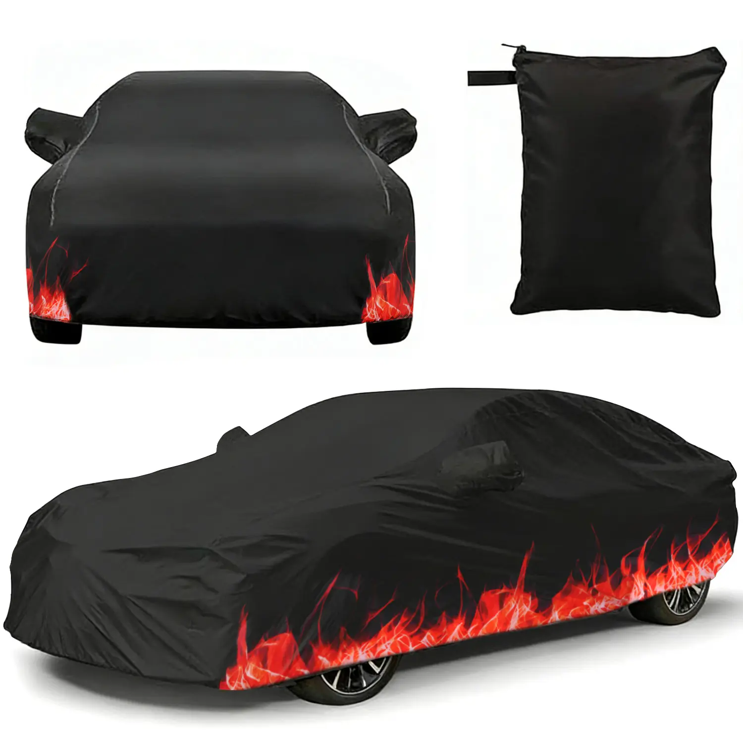 200T All-Weather Car Cover with Flame Print, Universal Fit Waterproof UV Protection Cover for Sedans & SUVs, Dustproof Snowproof Full Car Protector with Storage Bag