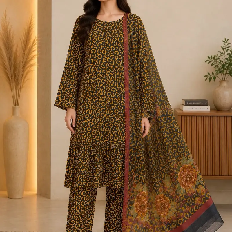 Elegant 3 Piece Printed Lawn Suit – Mustard & Black