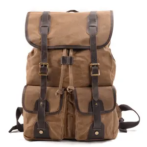Large-capacity travel backpack with canvas and crazy horse leather panels, hiking bag, camping backpack, outdoor double-shoulder bag