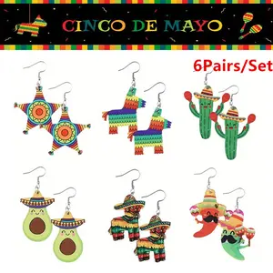 6 Pairs Cinco de Mayo Earrings Set, Rainbow Color Straw Hat Avocado Pinata Pinata Donkey Beast Chili Cactus Sugar Skull Pendant Earrings, Women's Wooden Double-sided Print Earrings