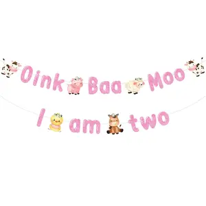 1Set Pink Oink Baa Moo I Am Two Banner  Farm Animal 2anniversary Birthday Party Decorations Girl Farm Animals Theme Barnyard Second Birthday Party Supplies