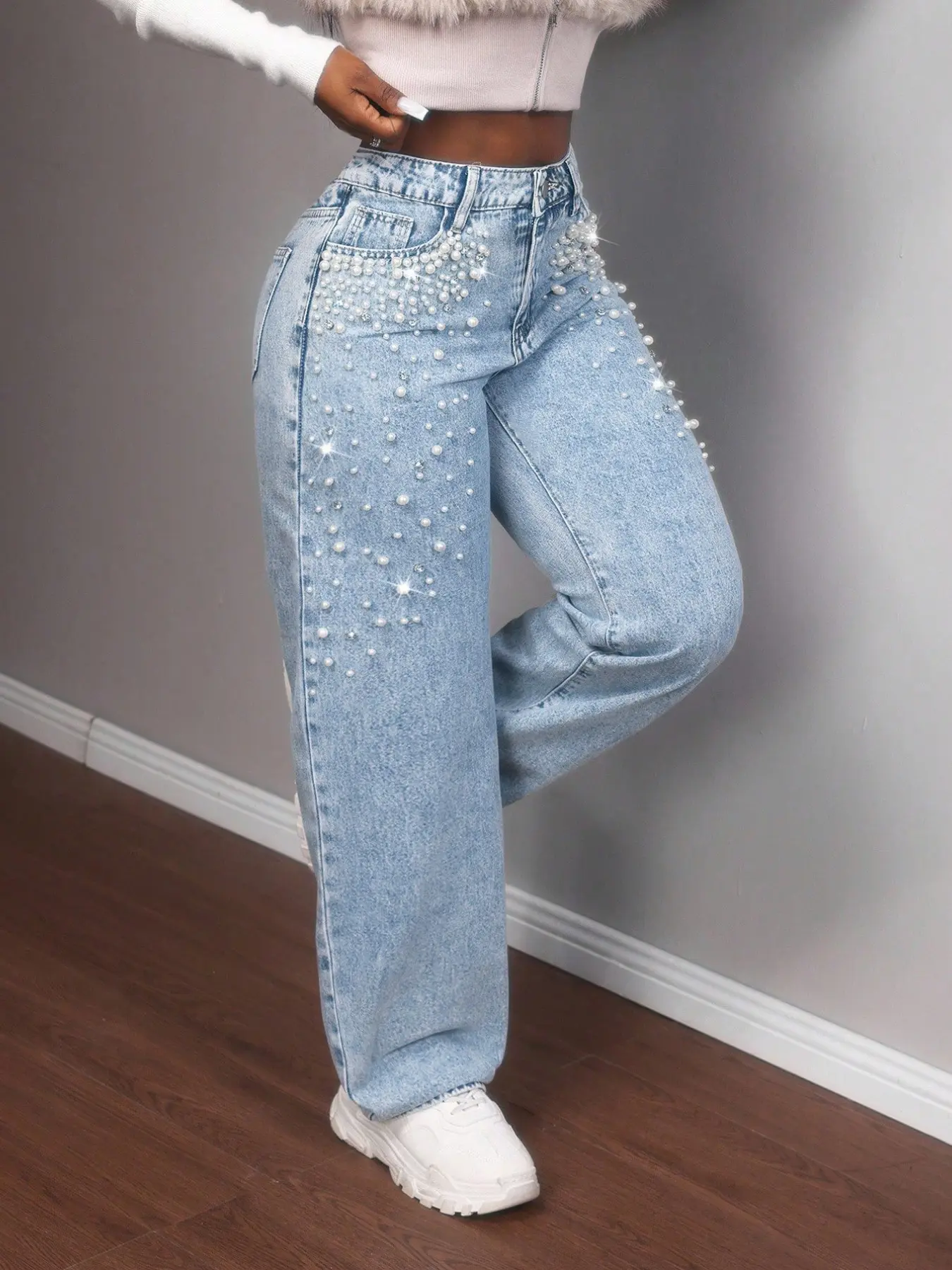 Women's Plus Size Denim Jean, Denim Woven Jeans, Denim Loose Jeans, Womenswear Fashion Design Style Pearl Trendy Loose Comfortable Wide Leg Pants, Casual Fitted Bottoms for All Seasons