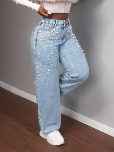 Women's Plus Size Denim Jean, Womenswear Fashion Design Pearl Trendy Loose Comfortable Wide Leg Pants, Casual Fitted Long Trousers for All Seasons