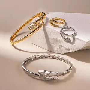 Snake-shaped bracelet, high-end fashion open snake bone bracelet, ring and bracelet set