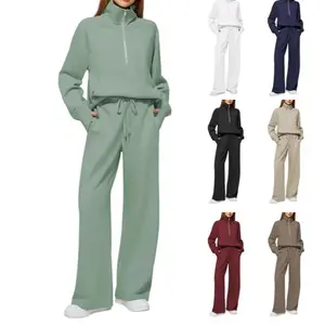 Women's Cozy Loungewear Set Long Sleeve Half Zip Pullover & Baggy Sweatpants with Pockets for All-Day Comfort and Style
