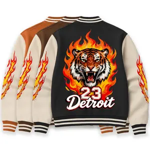 Men's Baseball Jacket 100% Polyester Durable Black Colorblock Detroit Fearless Animal Tiger Flame "23" Graphic Varsity Coat Y2K Vintage Retro Classic Old-School Casual Sports SWAG Streetwear Light Fleece-Lined Winter Jacket Trendy Gift for Boyfriend
