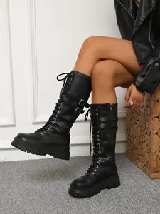 Women's High Ankle Boots, Thick Sole Buckle Design, Motorcycle Shoes, Spring & Fall, Height-Boosting Knight Boots