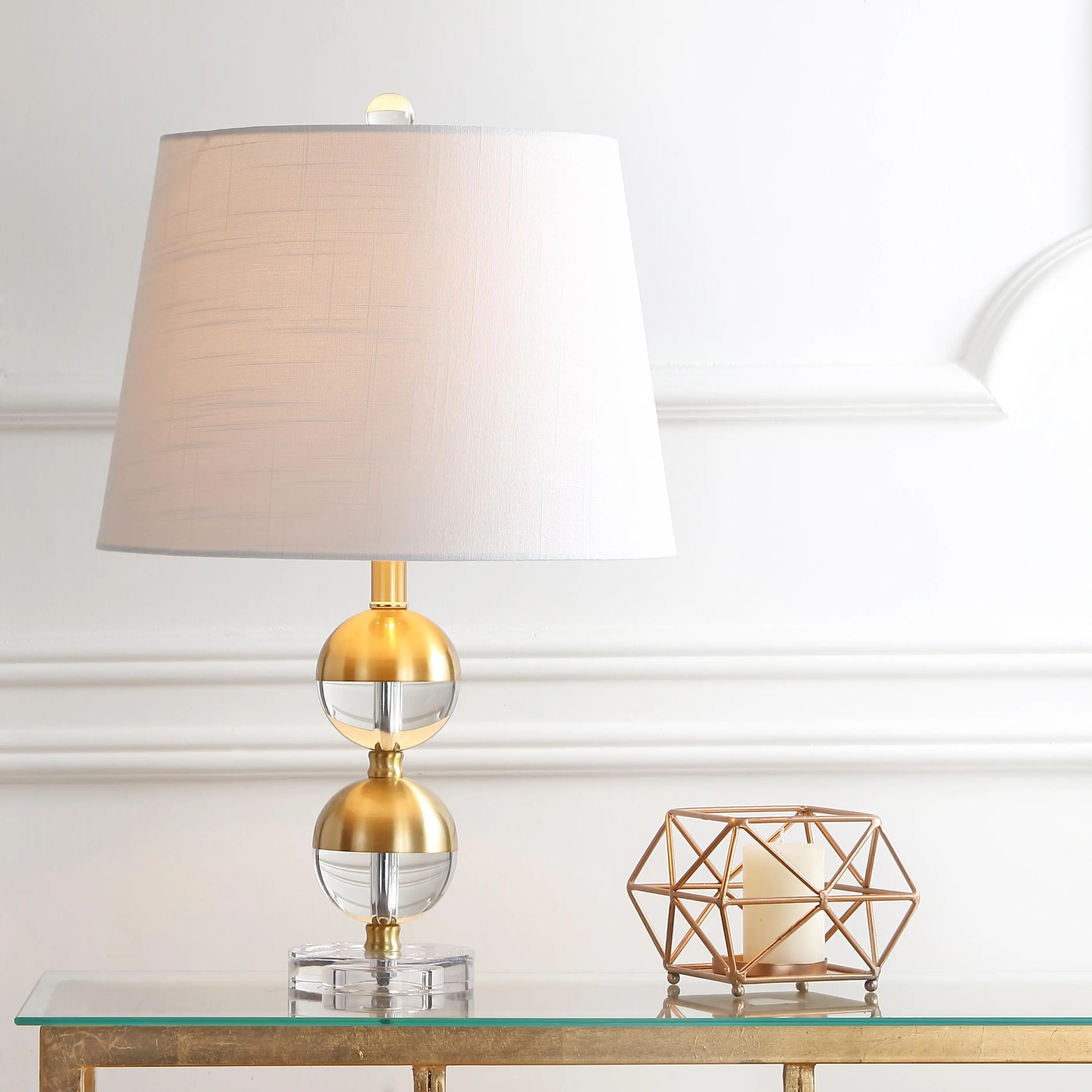 JONATHAN Y Jules 23" Crystal Metal Bedside Table Lamp, Brass Gold/Clear | White Linen Drum Shade, Modern Contemporary Style, UL Listed, LED Bulb Included