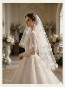 150cm Handmade 3D Butterfly & Pearl Bridal Veil, Trailing Veil, Soft Tulle 2-Tier Western Wedding Veil, Romantic Sheer Veil for Bridal Ceremony, Elopement & Bridal Portraits