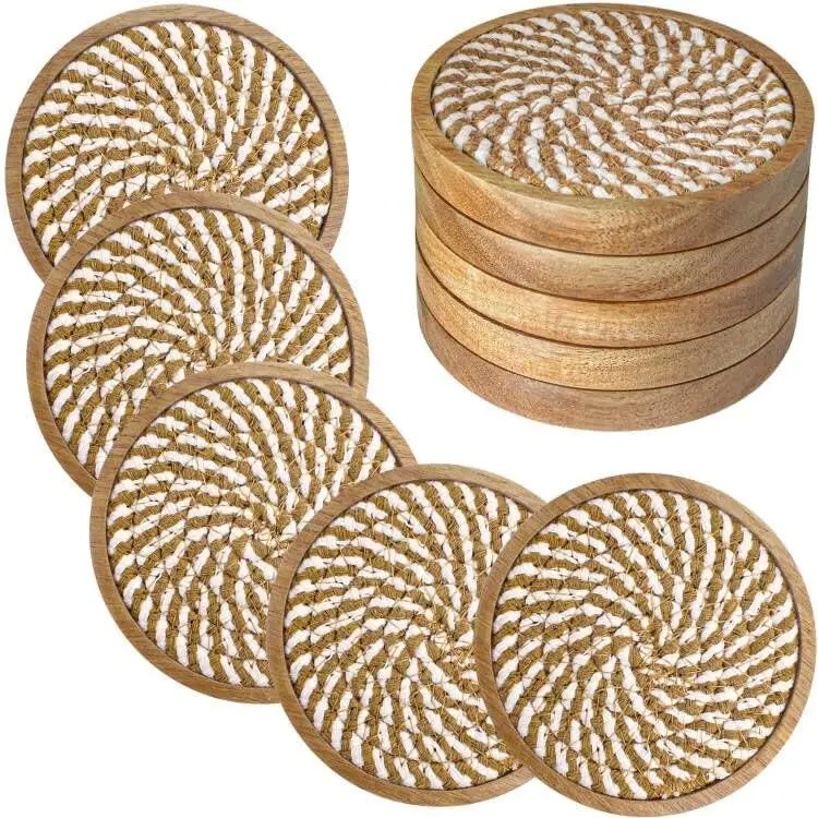 5 Pack Coasters for Drinks Absorbent, 4.3 inches Woven Coasters for Coffee Tables, Wooden Drink Coasters for Table Protection,  Drink Coasters for Kitchen, Farmhouse, Bar, Office, Brown