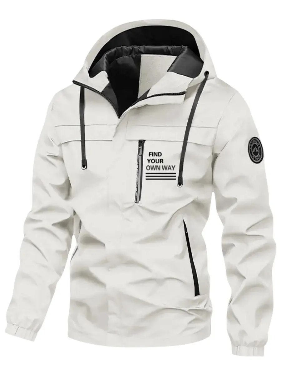 Men's White Waterproof Outdoor Wind Jacket - Detachable Drawstring Hood, Chest "FIND YOUR OWN WAY" Letter Patch, Multi Secure Zip Pockets, Wrinkle-Resistant, Lightweight, Transition Outer Coat for Hiking, Daily Commute