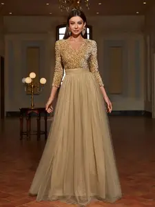 Sequin V Neck Lace Dress, Luxurious Elegant Style, Perfect for Evening Parties, Formal Events, Wedding, Formal Wear