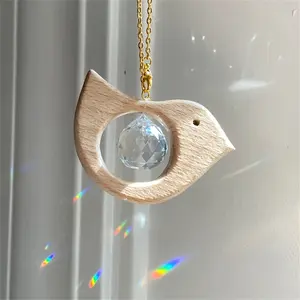 Wooden Bird Suncatcher with Glass Crystal, Animal Theme Hanging Rainbow Maker, Friendship Day Gift, Decorative Car Mirror Accessory