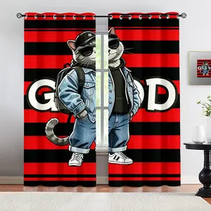 Cute and handsome cat pattern, 2 pieces of curtain set, suitable for living room, balcony, and bedroom windows, perfect for home, seasonal, holiday room decoration