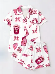 Trendy Cherry Soda Bow Print Pajama Set, Short Sleeve Shorts & Cardigan, Casual Homewear Soft Sleepwear Loungewear Two-Piece Sleepwear for Women
