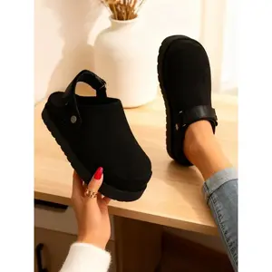 Women's Thick Sole Mule Slippers, Plush Platform Half Slipper Shoes, Textile Upper, Rubber Material, All Seasons Wear, Thick Bottom Slippers