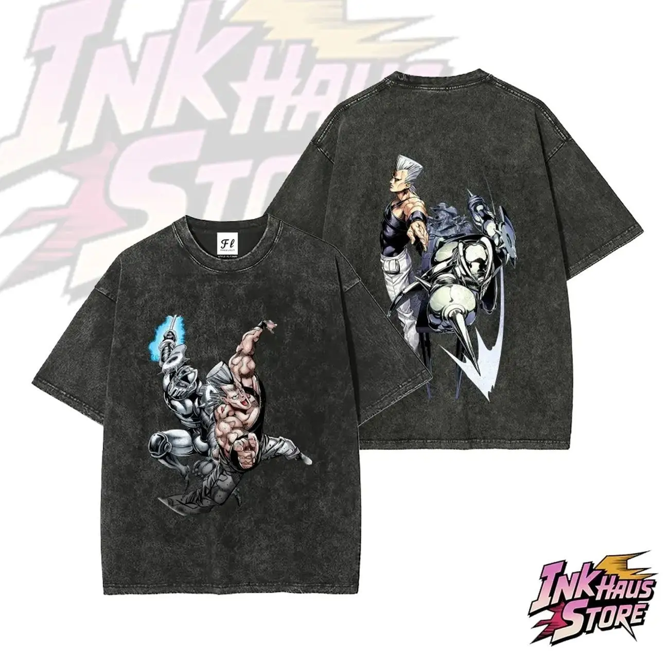 Jean Pierre Polnareff and his Stand, "Silver Chariot," from *JoJo's Bizarre Adventure*，anime fashion streetwear gym fit--Short Sleeve Cotton Unisex Retro wash Tee 3VP