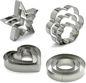 Stainless Steel Cookie Cutters Set 12Pcs - Heart, Flower, Round, Five Star Shapes - Small to Mini Size, Metal Biscuit Cutter Molds for Baking or Holiday Party Decorations