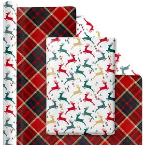 24" x 16' Reversible Holiday Wrapping Paper | Prancing Deer/Plaid Christmas Gift Wrapping paper