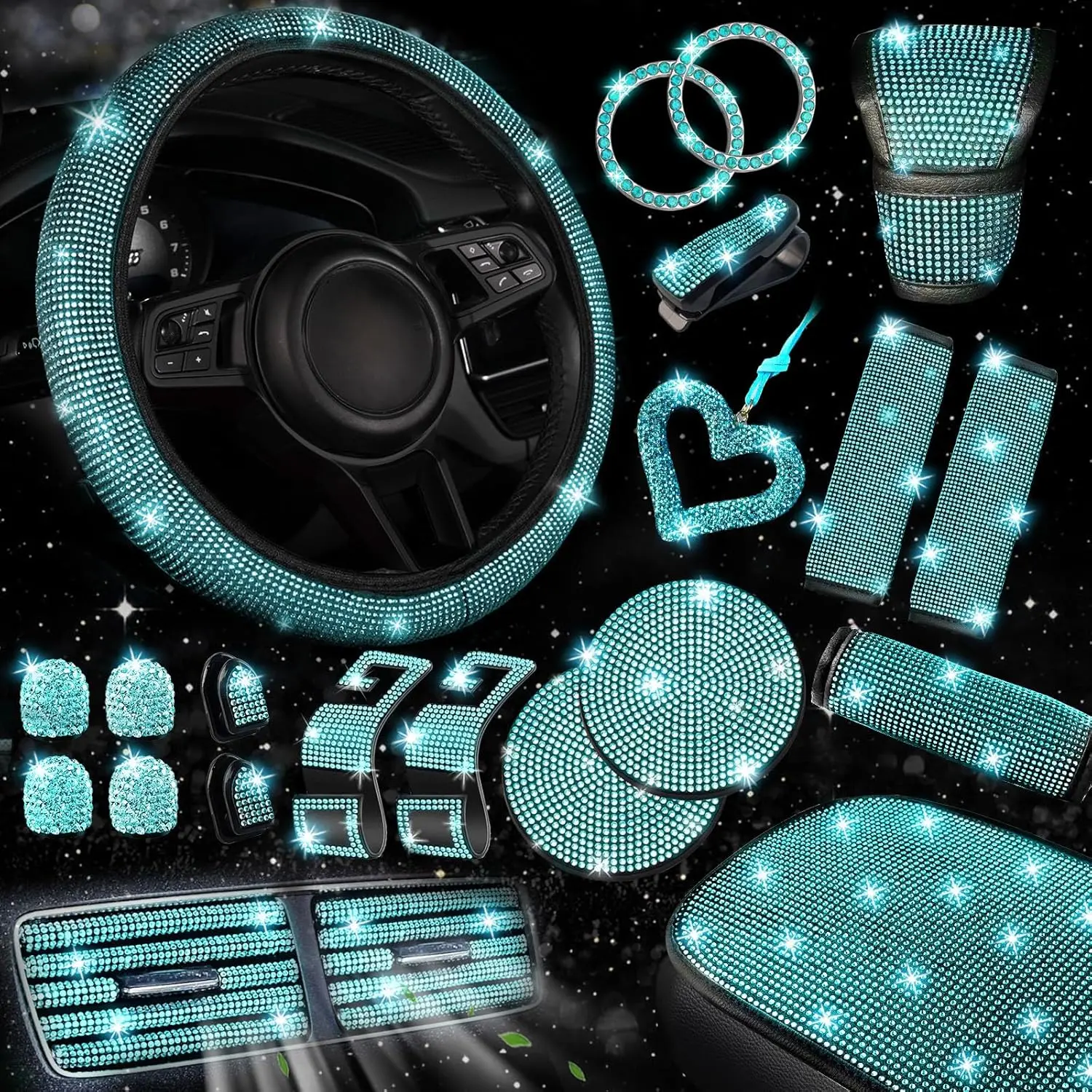 30 Pcs Aquamarine Bling Car Accessories Set for Women, Steering Wheel Cover Set, Bling Console Cover, Seat Belt Cushion, Shift Knob Cushion, Cup Coaster, Rhinestone Car Hanging Accessories