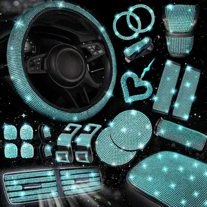 30 Pcs Aquamarine Bling Car Accessories Set for Women, Steering Wheel Cover Set, Bling Console Cover, Seat Belt Cushion, Shift Knob Cushion, Cup Coaster, Rhinestone Car Hanging Accessories