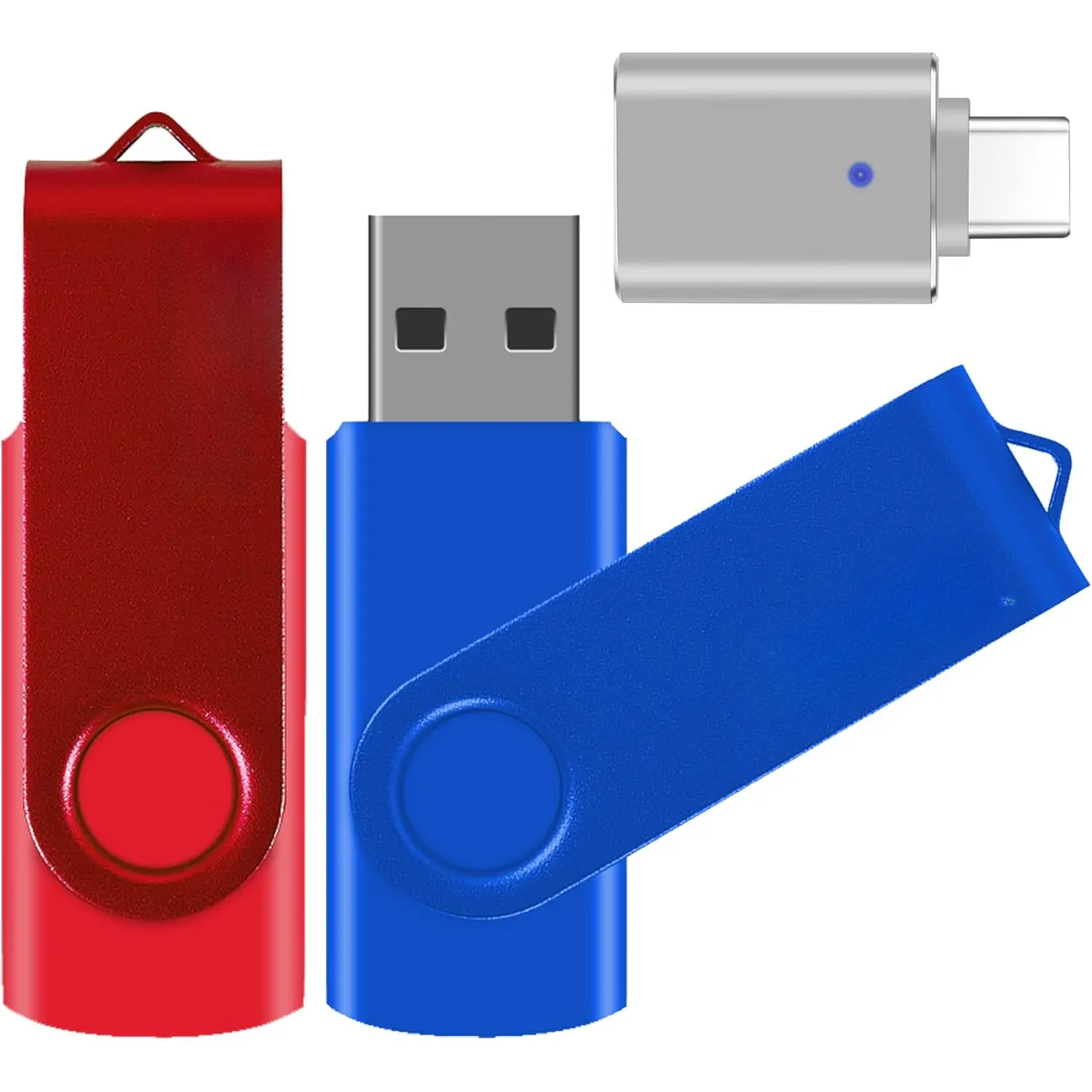 2 Pack 64GB USB 2.0 Flash Drive and 1 USB C Adapter, Thumb Drive USB Memory Stick Jump Drive, Compatible with OTG Type C Phones, Tablets, Laptop, PC (Blue, Red)