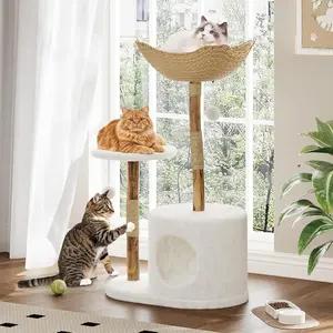 Modern Natural Wood Cat Tree, Stylish Feline Tower with Large Rattan Basket, Scratching Posts, Realistic Branch Design, White Luxury Perch for Rest and Play