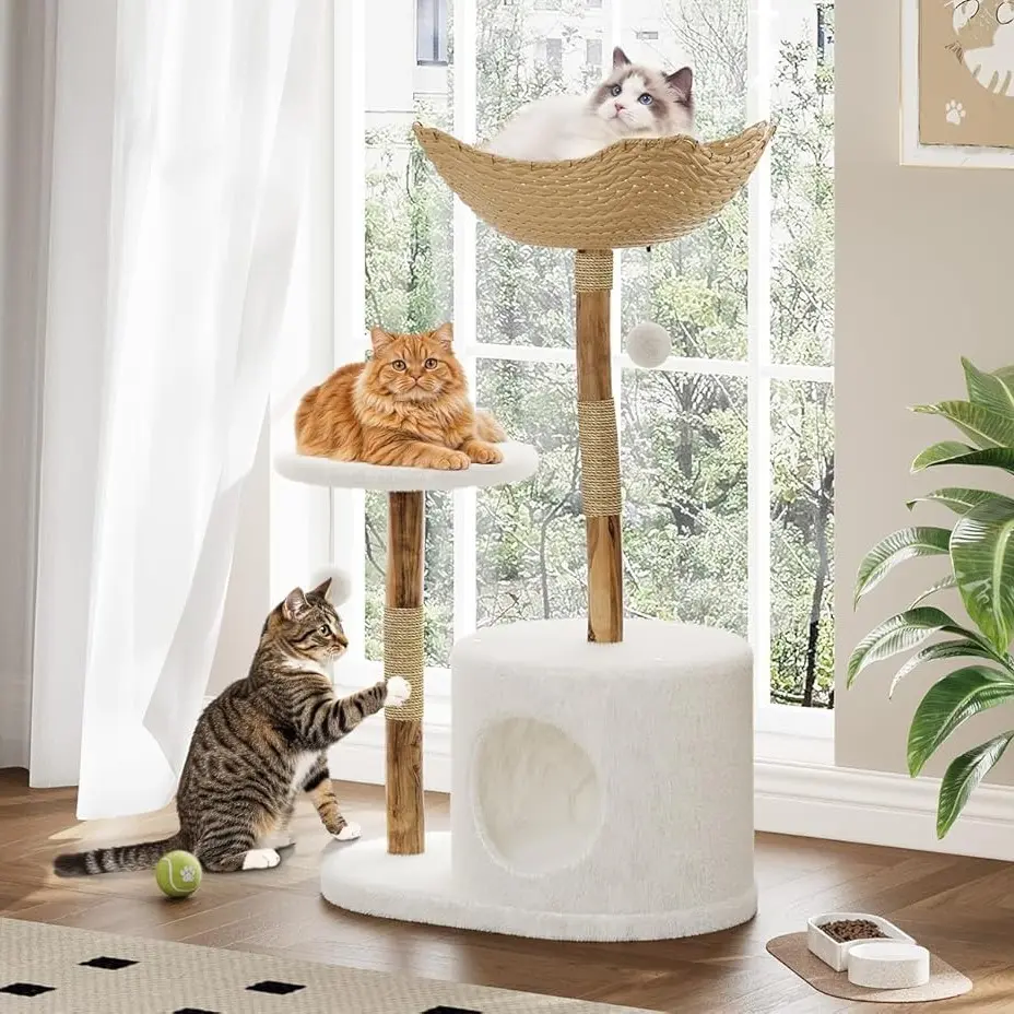 Modern Natural Wood Cat Tree, Stylish Feline Tower with Large Rattan Basket, Scratching Posts, Realistic Branch Design, White Luxury Perch for Rest and Play