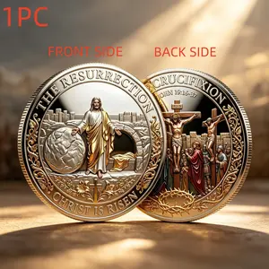 1PC Cross and Resurrection Memorial Coin Memorial Medal Alloy Relief Inspirational Theme Decorative Keepsake Gift for Easter Holiday Church Decoration Family Gathering Prayer Corner Birthday Festival Commemorative and Decorative Collectibles
