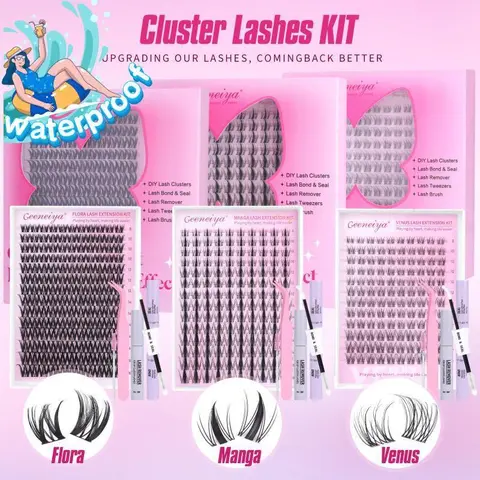 Geeneiya Waterproof DIY Eyelashes Clusters Kit - 8-18MM Wispy Lash Cluster, Ultra-Thin Soft Band, D Curl, Acrylates Copolymer Waterproof Bond & Seal, Remover, Tweezers (Flora/Venus/Manga) - Girls' Makeup Gift Bundle (TikTokShopBlackFriday)