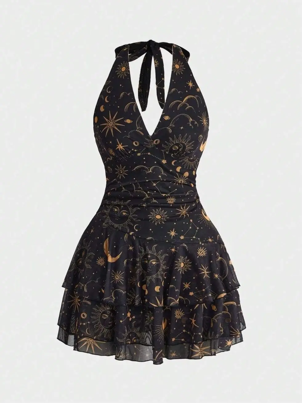 Women's Vintage Star Moon Mesh Halter Dress, Backless Goth Y2K Party Club Night Out Festival Dress