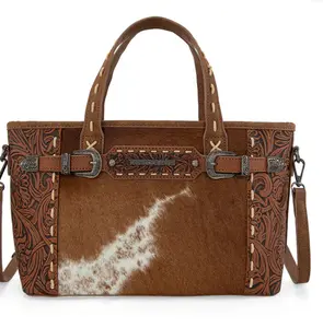TR199-8122 Trinity Ranch Genuine Hair-On Cowhide Tooled Tote/Crossbody