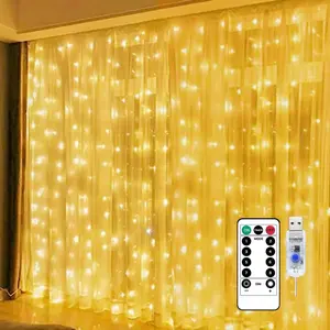 2025 New Fairy Curtain Lights for Bedroom 300LED, Christmas String Lights USB Plug in 8 Modes Wall Hanging Twinkle with Remote for Wedding Party Backdrop Decor Warm White (9.8x9.8FT)