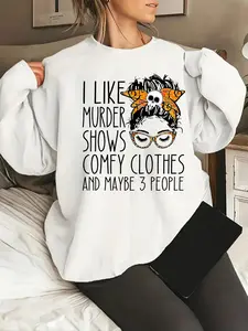 Women's Cartoon & Letter Print Crewneck Long Sleeve Sweatshirt, Loose Fit Casual Soft Comfort Fashion Top for Fall & Winter