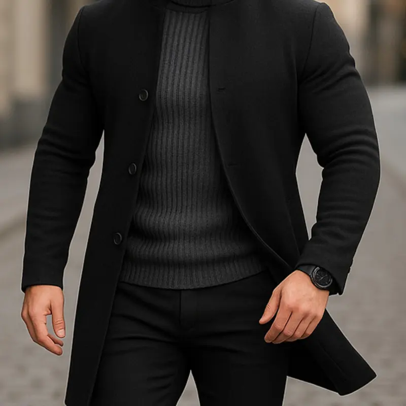 【Black Friday】Men's Solid-Color Button-Front Stand-Collar Overcoat, Regular-Fit Long-Sleeve Outerwear for Casual Daily Wear and Formal Occasions, Coats for Fall & Winter