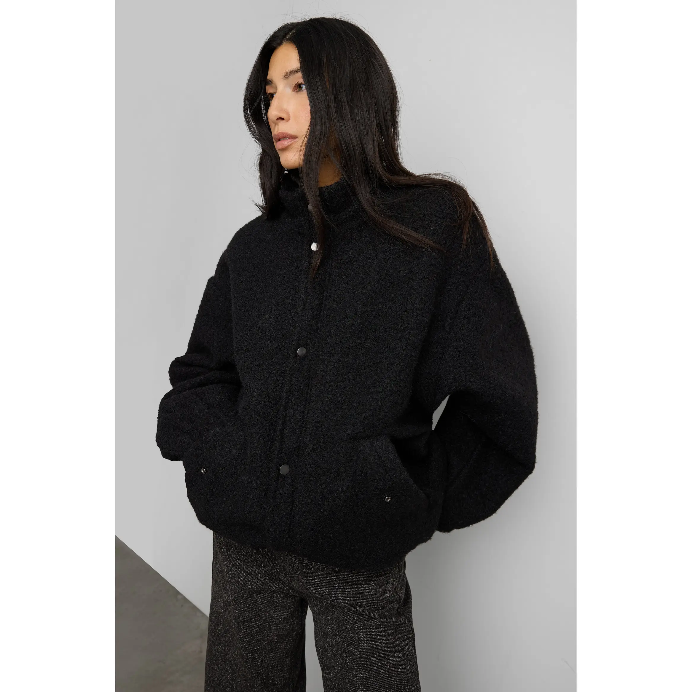 OVERSIZED BOUCLE JACKET WITH SNAP DETAIL - TikTok Shop