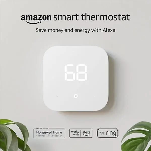 Amazon Smart Thermostat - Alexa Compatible, Energy Saving Digital Display Thermostat for Indoor Use, Works with Ring, C-Wire Required