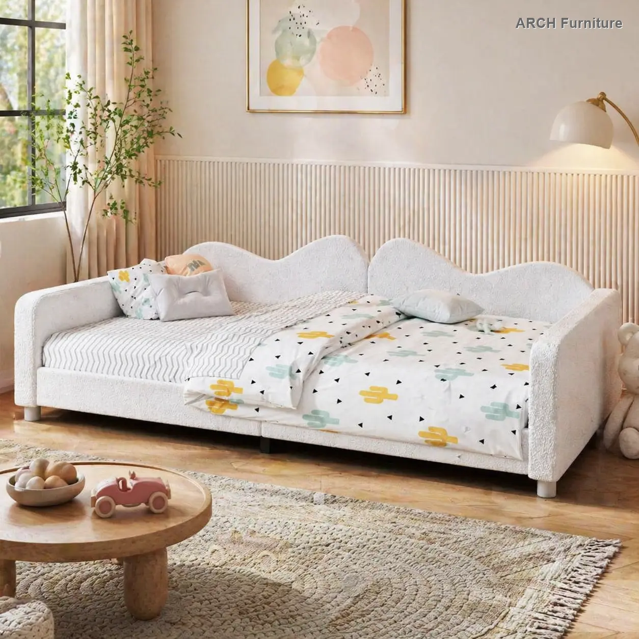 White Full-Size Comfortable Sherpa Fabric Upholstered Daybed with Upholstered Bed Frame, Cloud-Shaped Backrest, 80"l x 56"w x 27"h, 500lbs Capacity, Box-Spring-Free Sofabed (Old SKU: WF532069AAK) - Assembly Required
