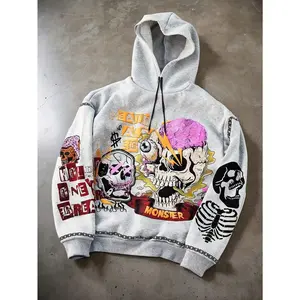Men's Youthful Streetwear, Featuring A High-Street Light Gray Hoodie With Front And Back Oversized Prints Of A Gothic Skull Design In 3D Puff Printing. This Hoodie Is Perfect For Street Fashion
